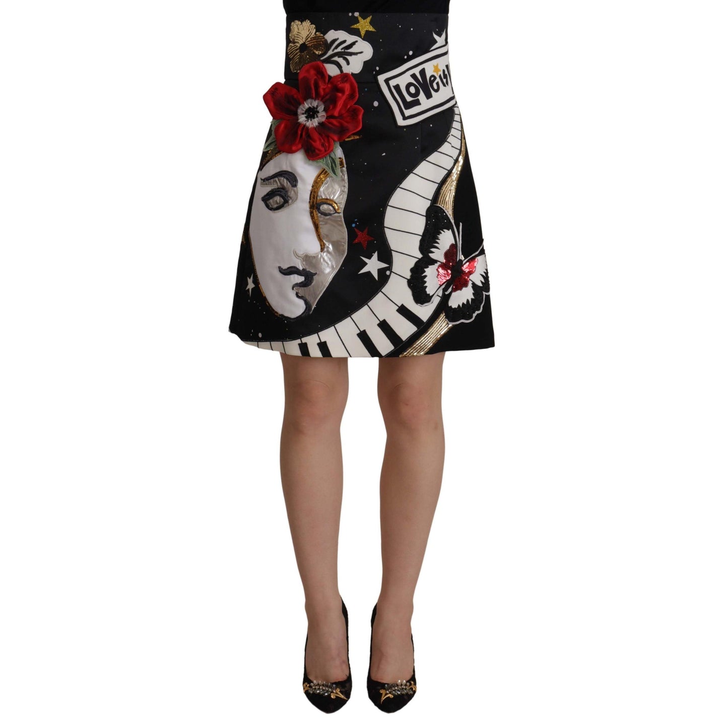 Dolce & Gabbana Black Love Clock Sequined Piano Skirt