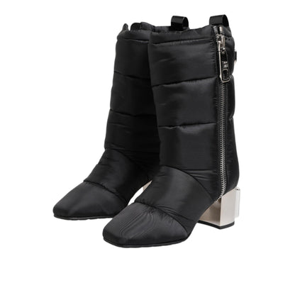 Dolce & Gabbana Black Padded Mid Calf Logo Heel Boots Shoes