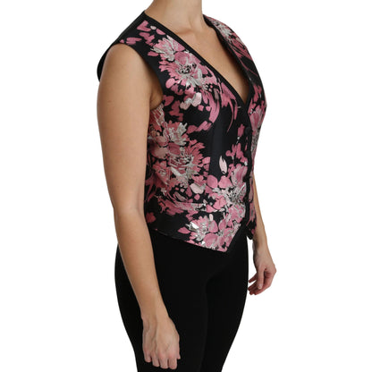 Dolce & Gabbana Black Pink Floral Waistcoat Vest Blouse Top