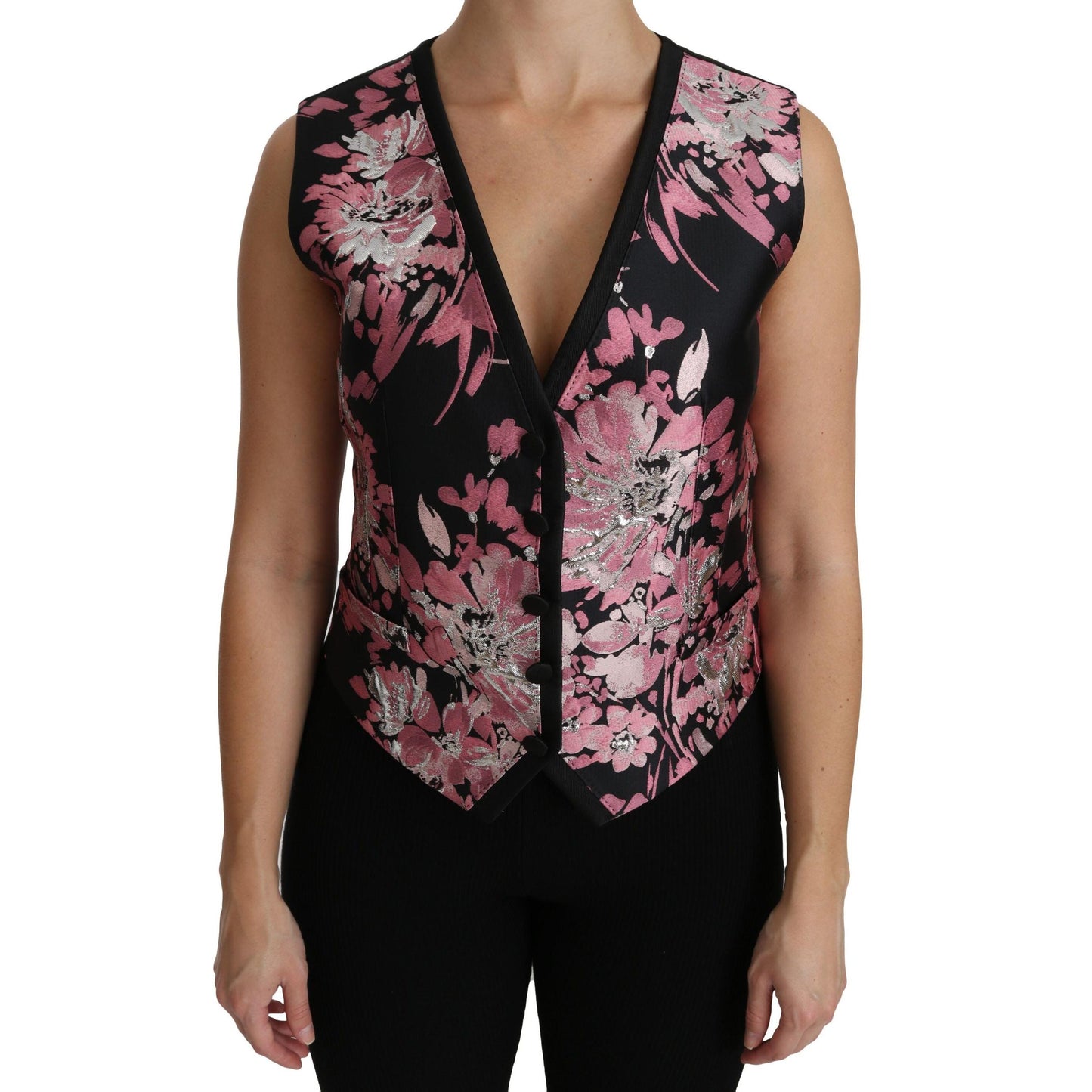 Dolce & Gabbana Black Pink Floral Waistcoat Vest Blouse Top