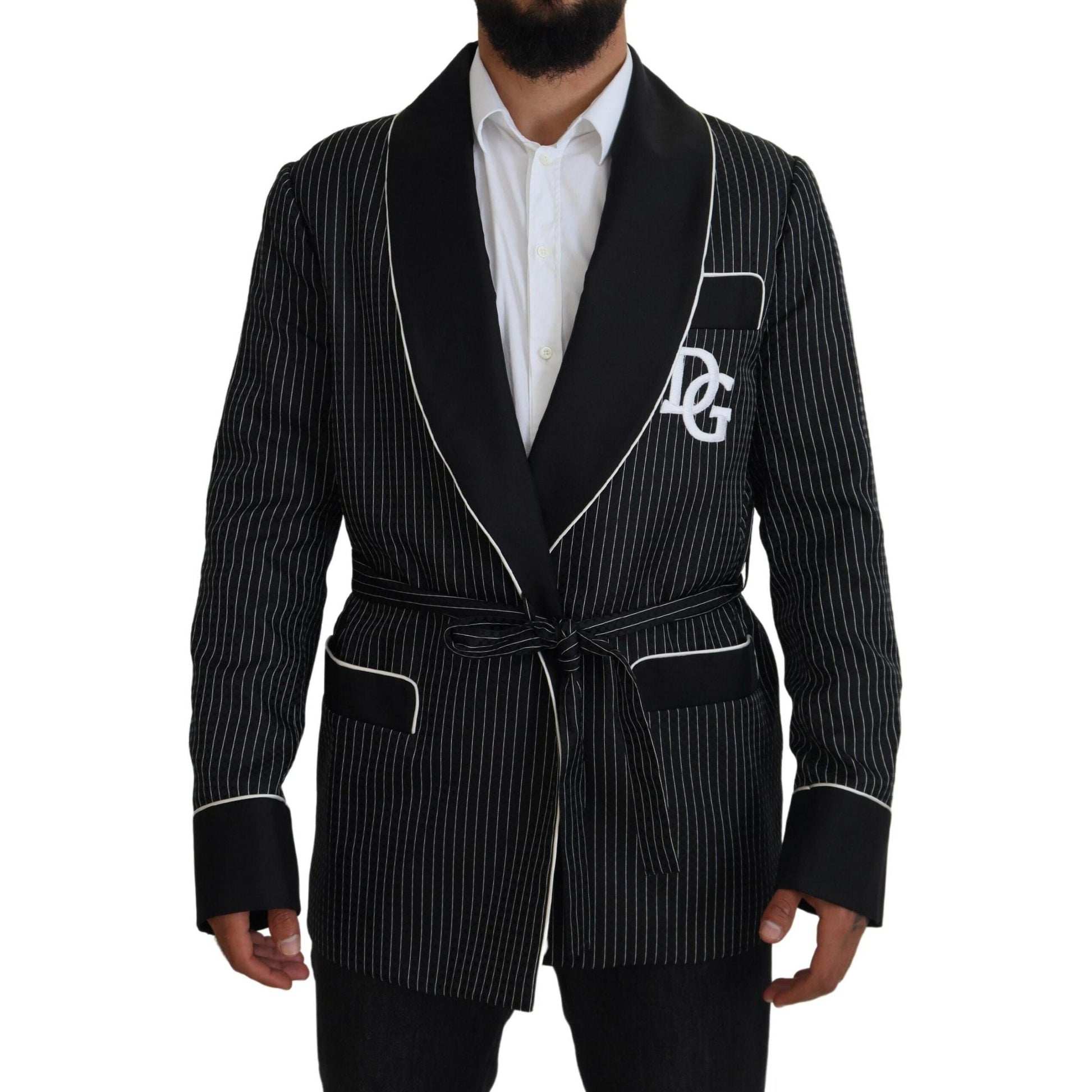 Dolce & Gabbana Black Robe Striped DG Patch Jacket Men Blazer