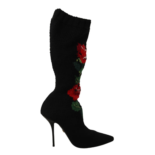 Dolce & Gabbana Black Stretch Socks Red Roses Booties Shoes