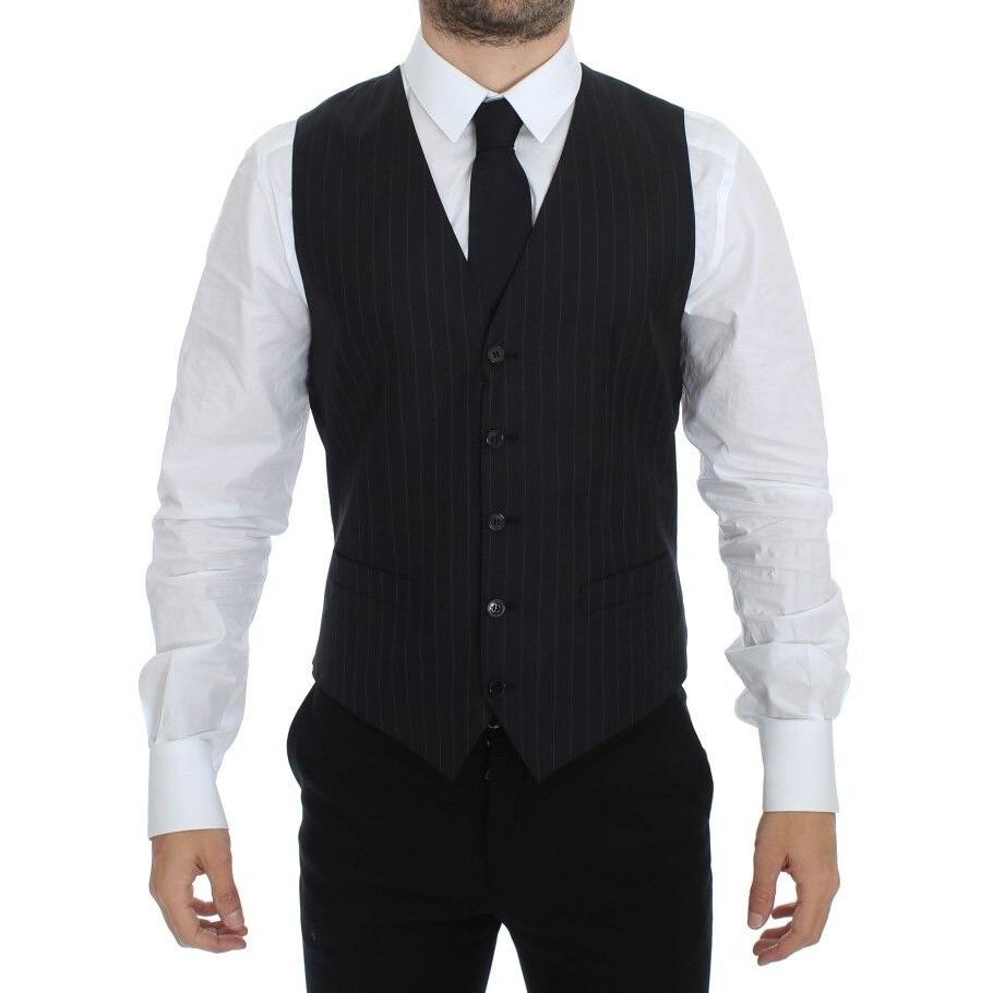 Dolce & Gabbana Black Striped Wool Silk Dress Vest Gilet