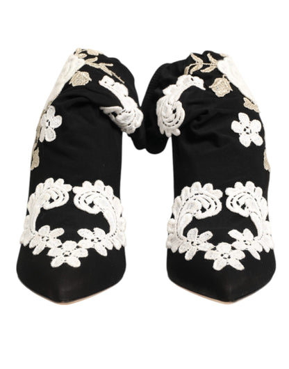 Dolce & Gabbana Black White Embroidered Jersey Stiletto Boots Shoes