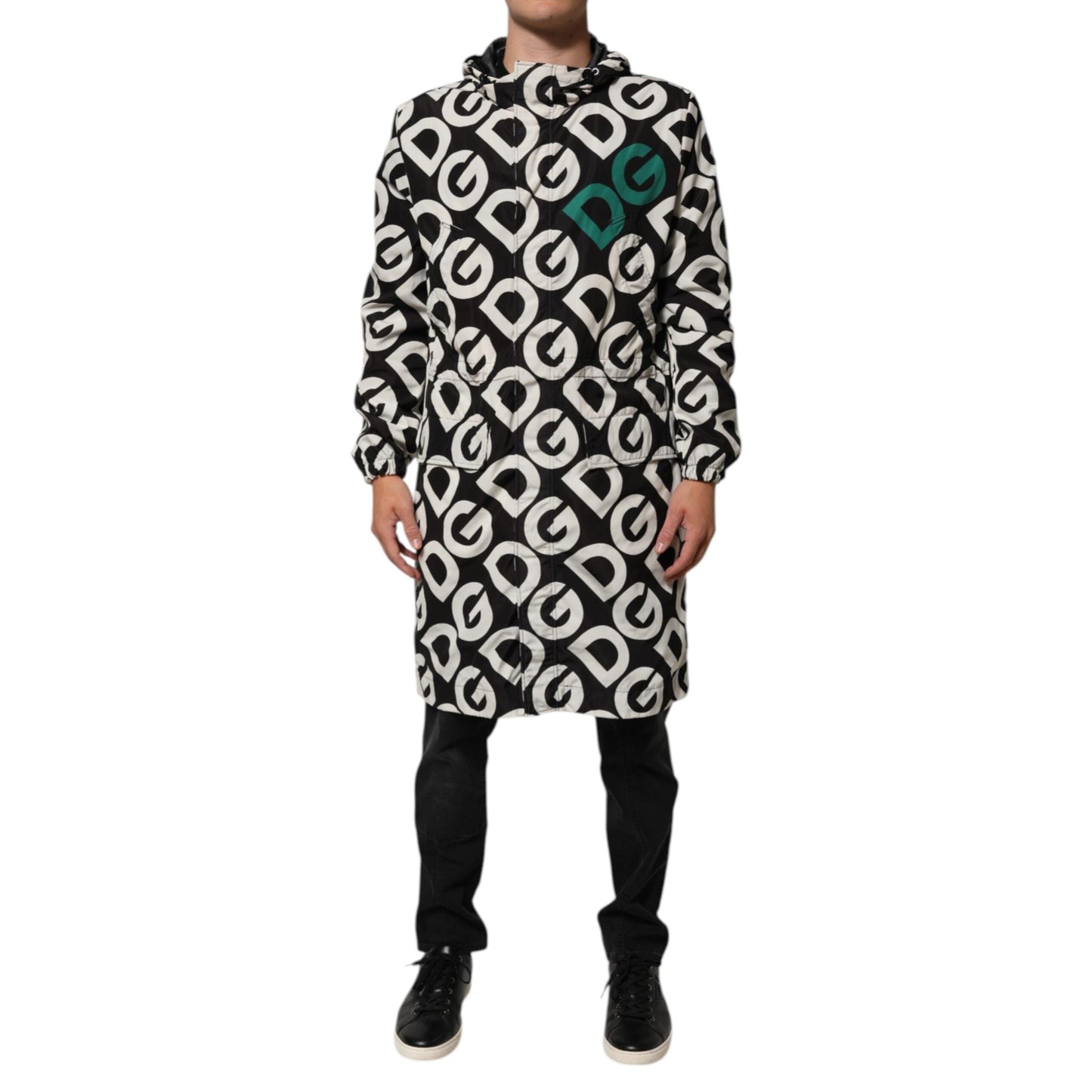 Dolce & Gabbana Black White Logo Print Hooded Coat Men Jacket