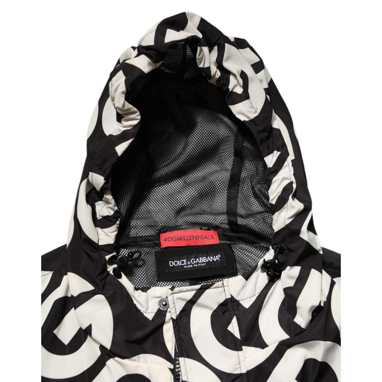 Dolce & Gabbana Black White Logo Print Hooded Coat Men Jacket