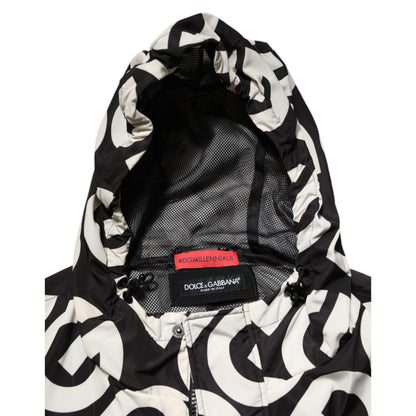 Dolce & Gabbana Black White Logo Print Hooded Coat Men Jacket