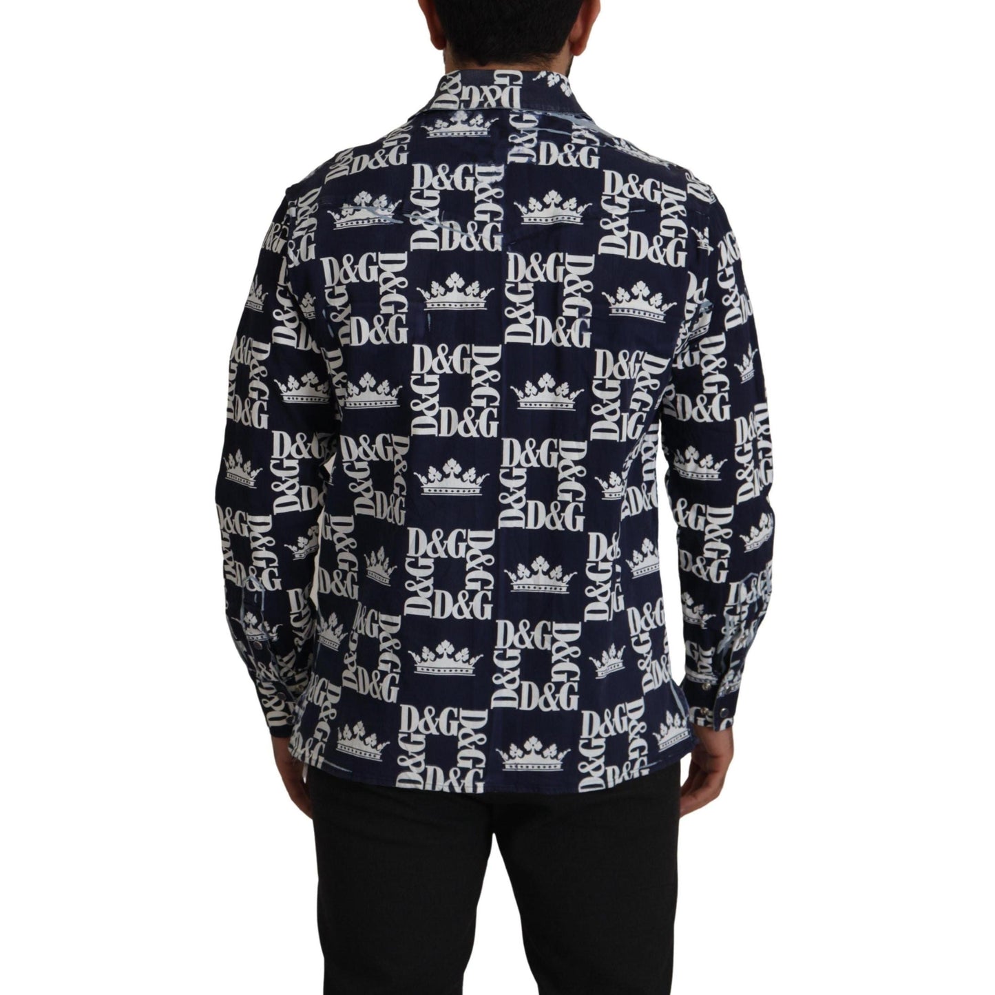 Dolce & Gabbana Blue Denim Stretch DG Crown Logo Casual Shirt