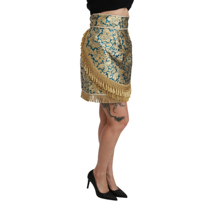 Dolce & Gabbana Blue High Waist Jacquard Tassel Gold Skirt