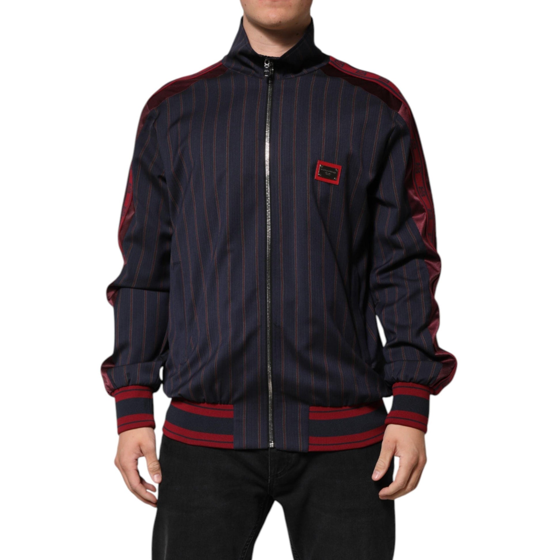 Dolce & Gabbana Blue Red Striped Logo Plaque Full Zip Jacket