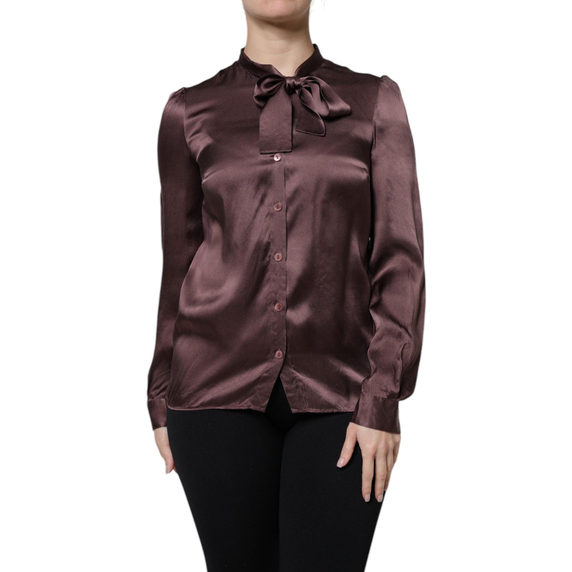 Dolce & Gabbana Brown Ascot Collar Long Sleeve Blouse Top