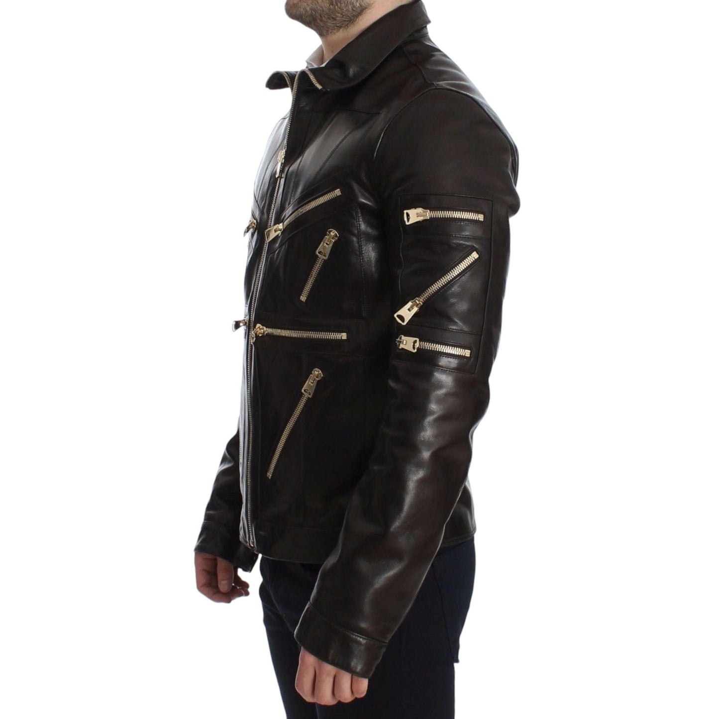 Dolce & Gabbana Brown Lambskin Leather Zipper Jacket