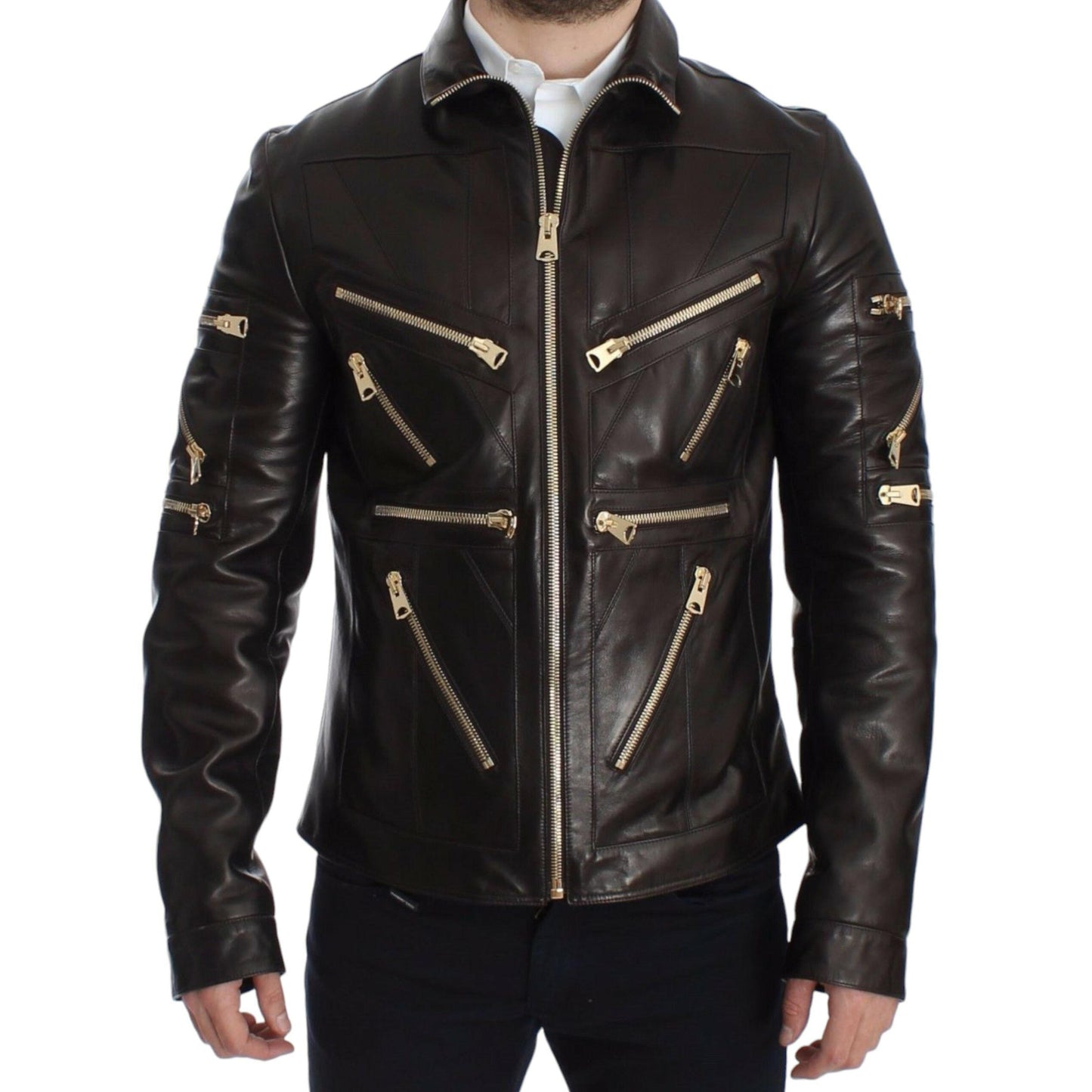 Dolce & Gabbana Brown Lambskin Leather Zipper Jacket
