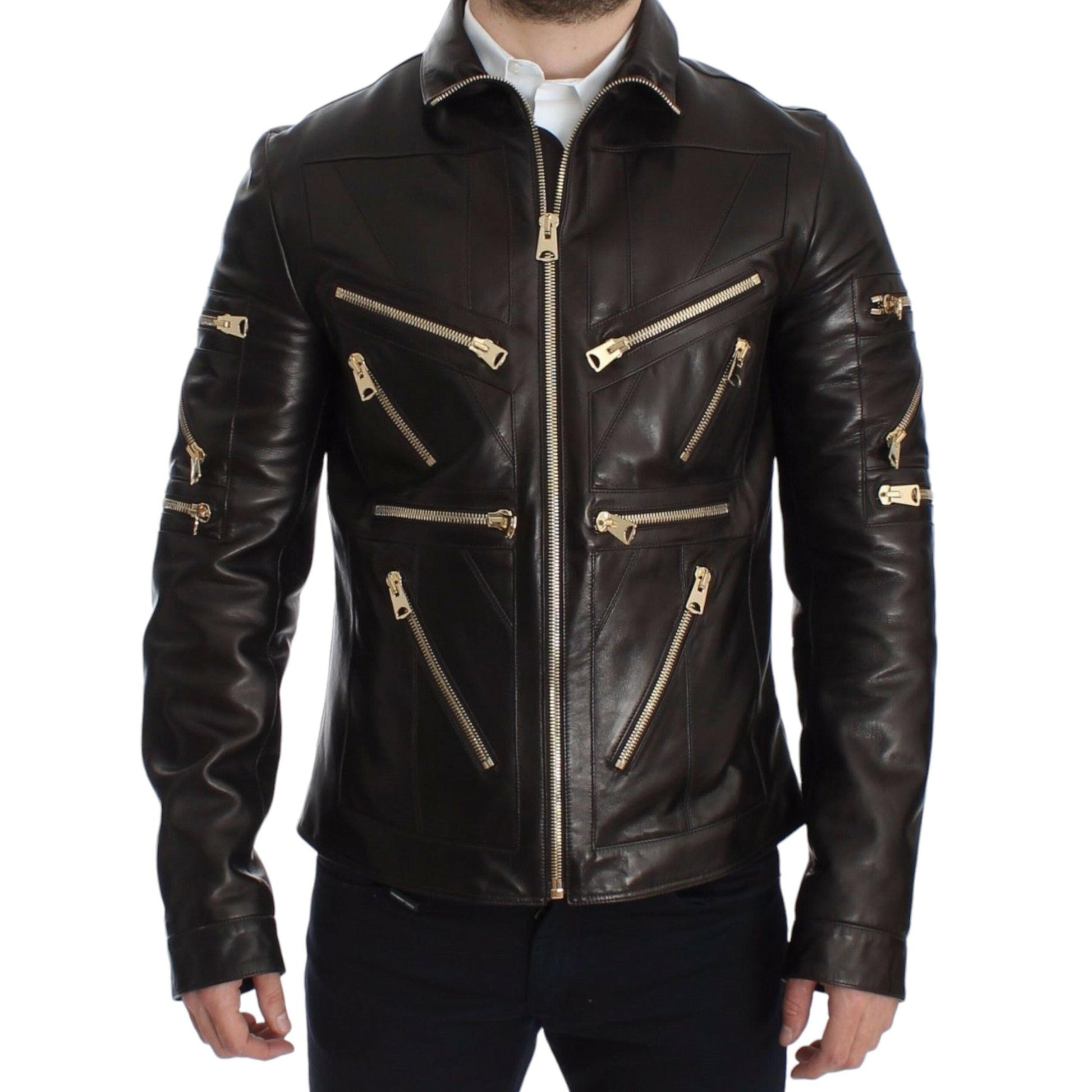 Dolce & Gabbana Brown Lambskin Leather Zipper Jacket