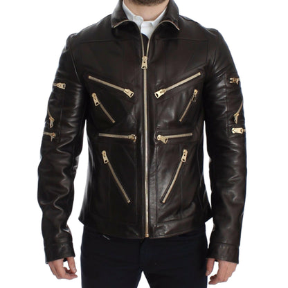 Dolce & Gabbana Brown Lambskin Leather Zipper Jacket