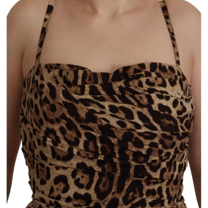 Dolce & Gabbana Brown Leopard Print Ruched Midi Dress