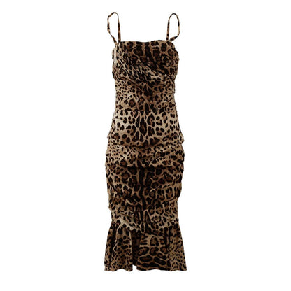 Dolce & Gabbana Brown Leopard Print Ruched Midi Dress