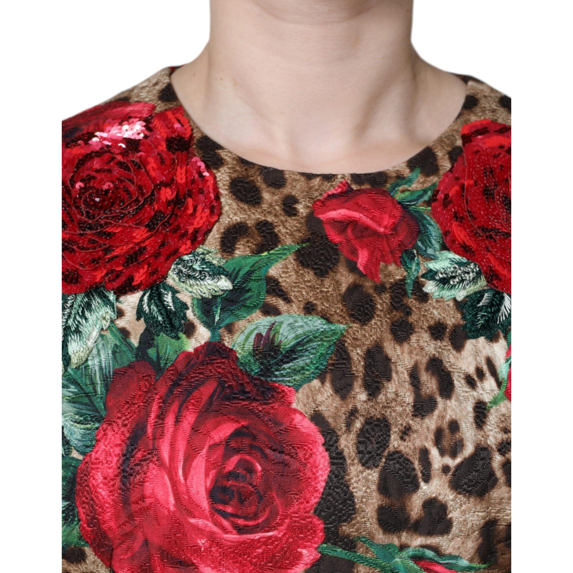 Dolce & Gabbana Brown Leopard Red Roses Cotton A-line Dress