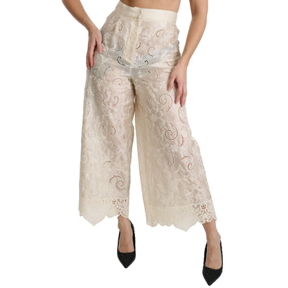 Dolce & Gabbana Cream Lace High Waist Palazzo Cropped Pants