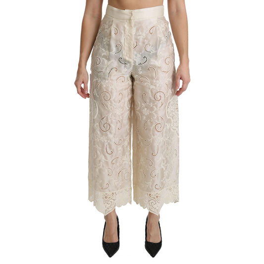 Dolce & Gabbana Cream Lace High Waist Palazzo Cropped Pants