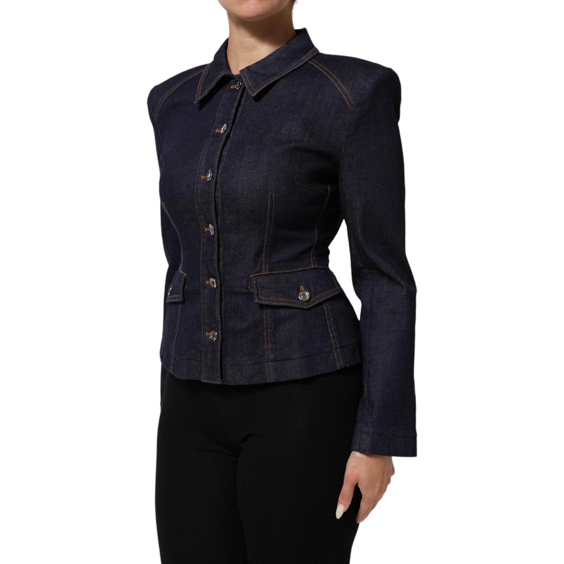 Dolce & Gabbana Dark Blue Cotton Collared Denim Coat Jacket