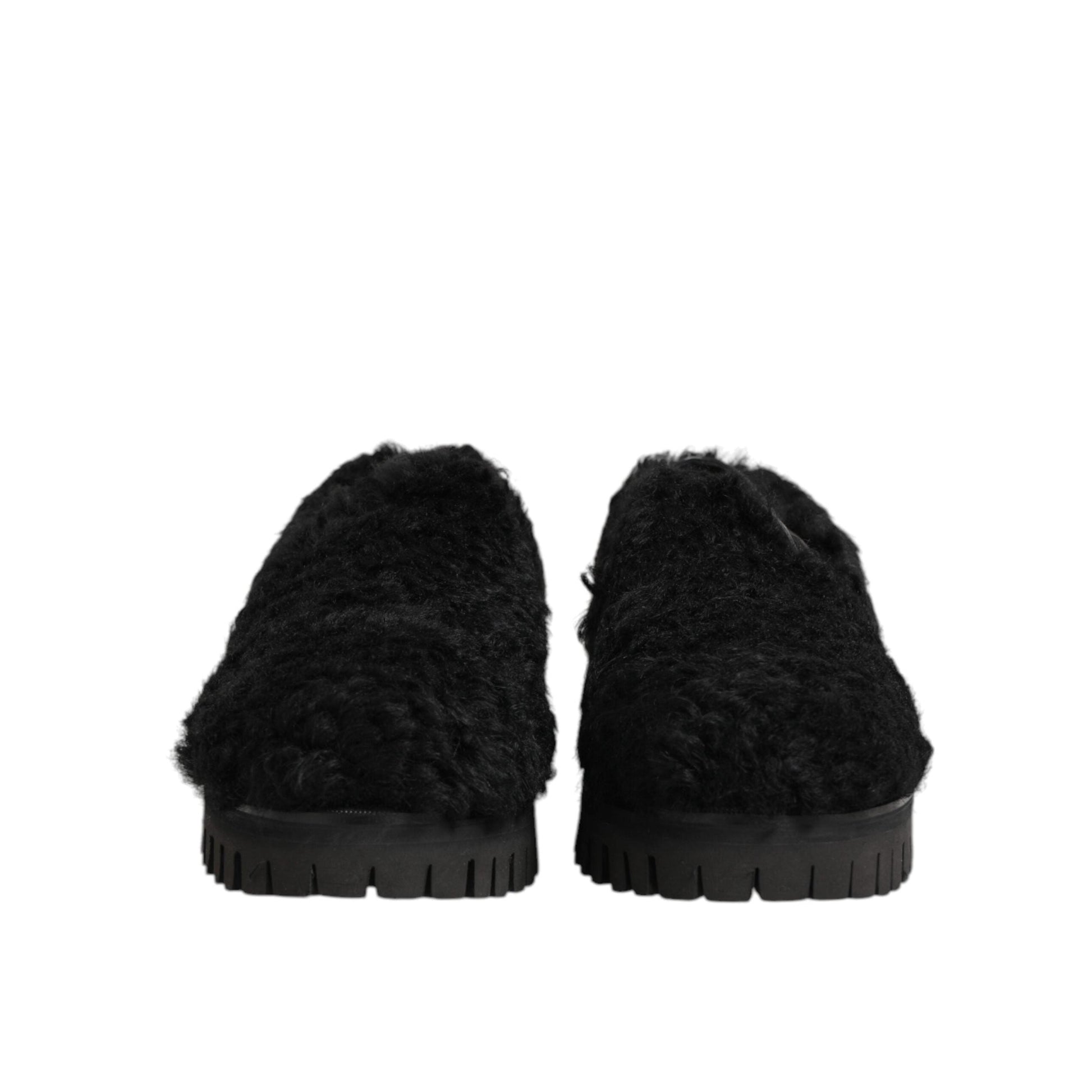 Dolce & Gabbana Dress Black Fur Leather Slippers Men Shoes