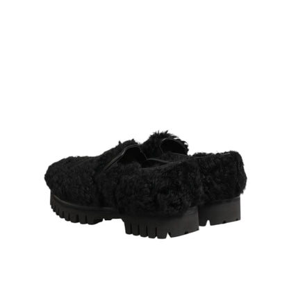 Dolce & Gabbana Dress Black Fur Leather Slippers Men Shoes