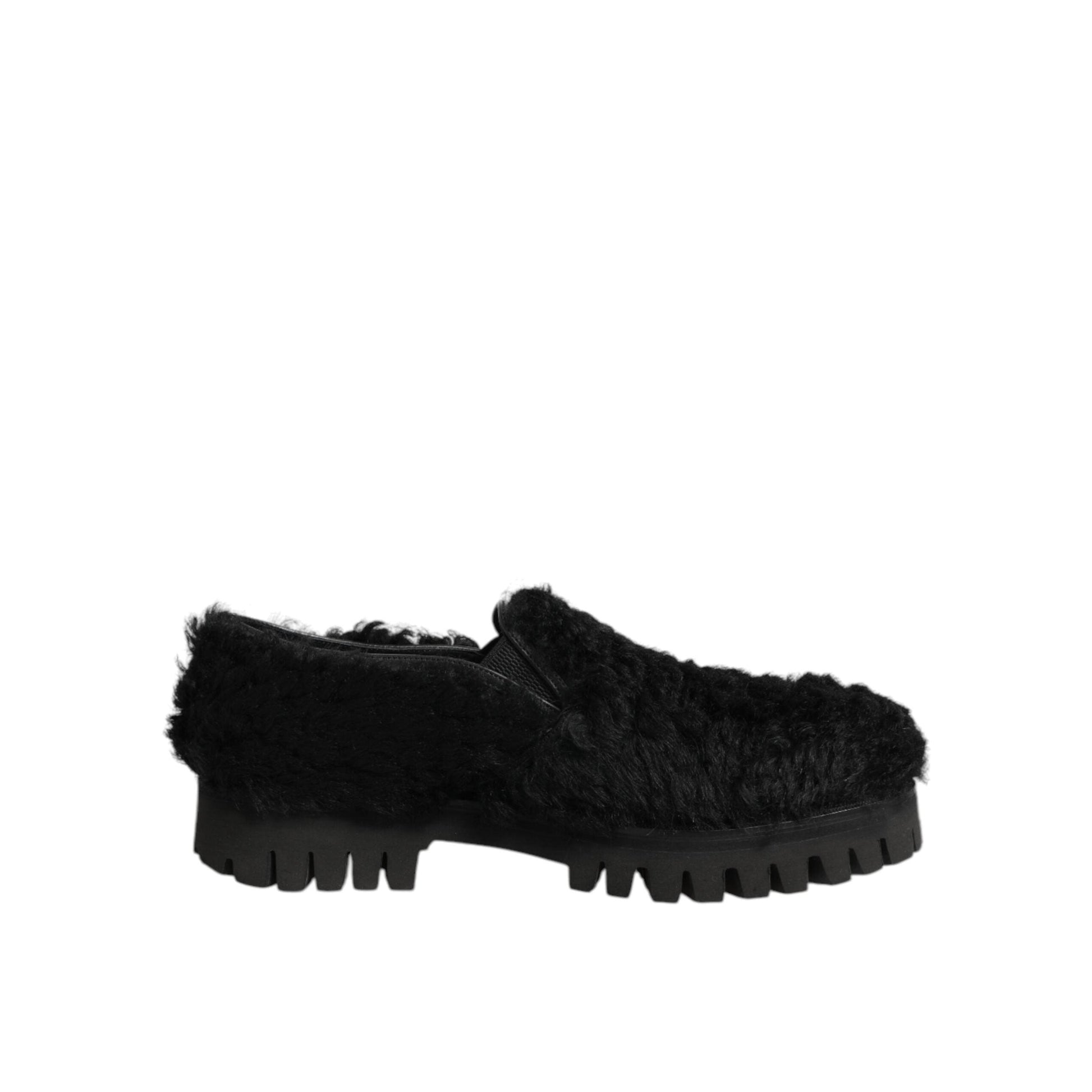 Dolce & Gabbana Dress Black Fur Leather Slippers Men Shoes