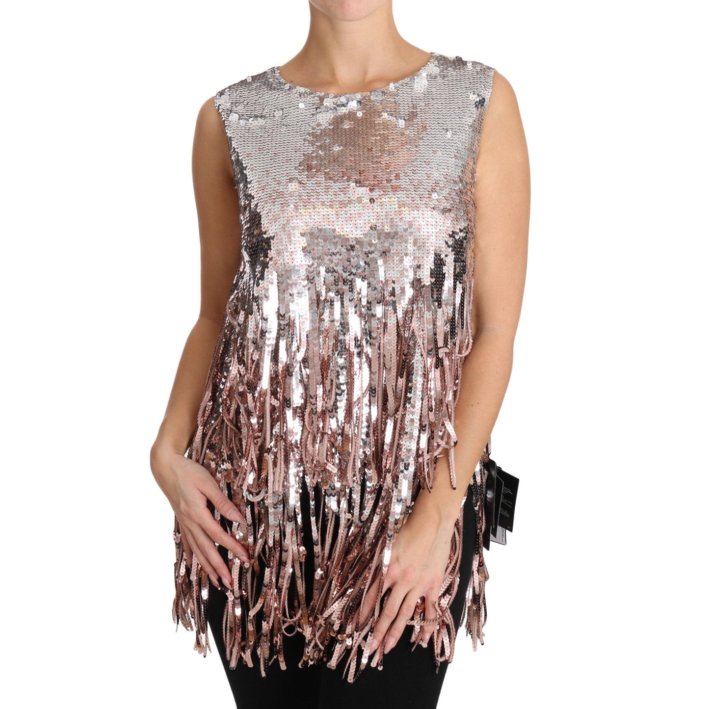 Dolce & Gabbana Golden Pink Sequined Fringe Tank Top