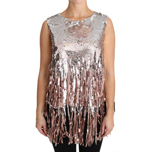 Dolce & Gabbana Golden Pink Sequined Fringe Tank Top