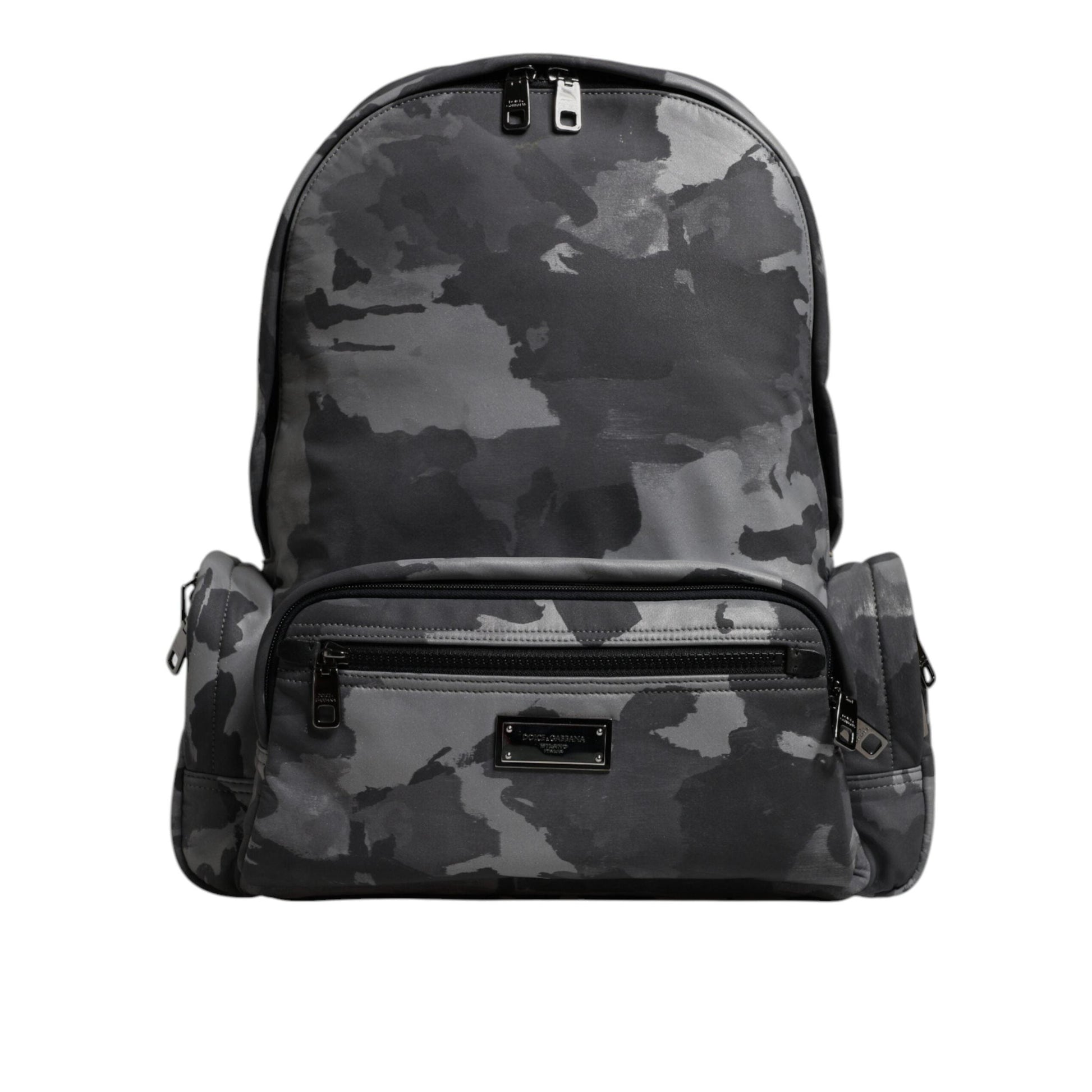Dolce & Gabbana Gray Cotton Camouflage Logo Plaque Backpack Bag