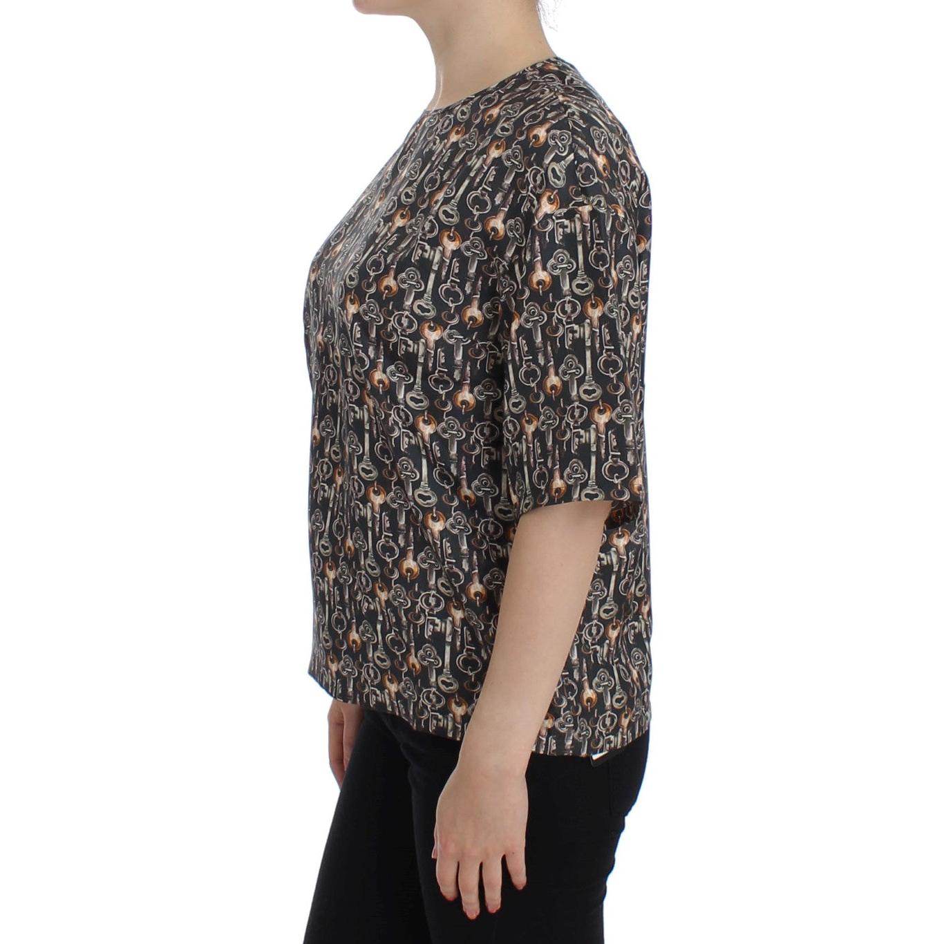 Dolce & Gabbana Gray Gold Key Print Silk Blouse T-shirt