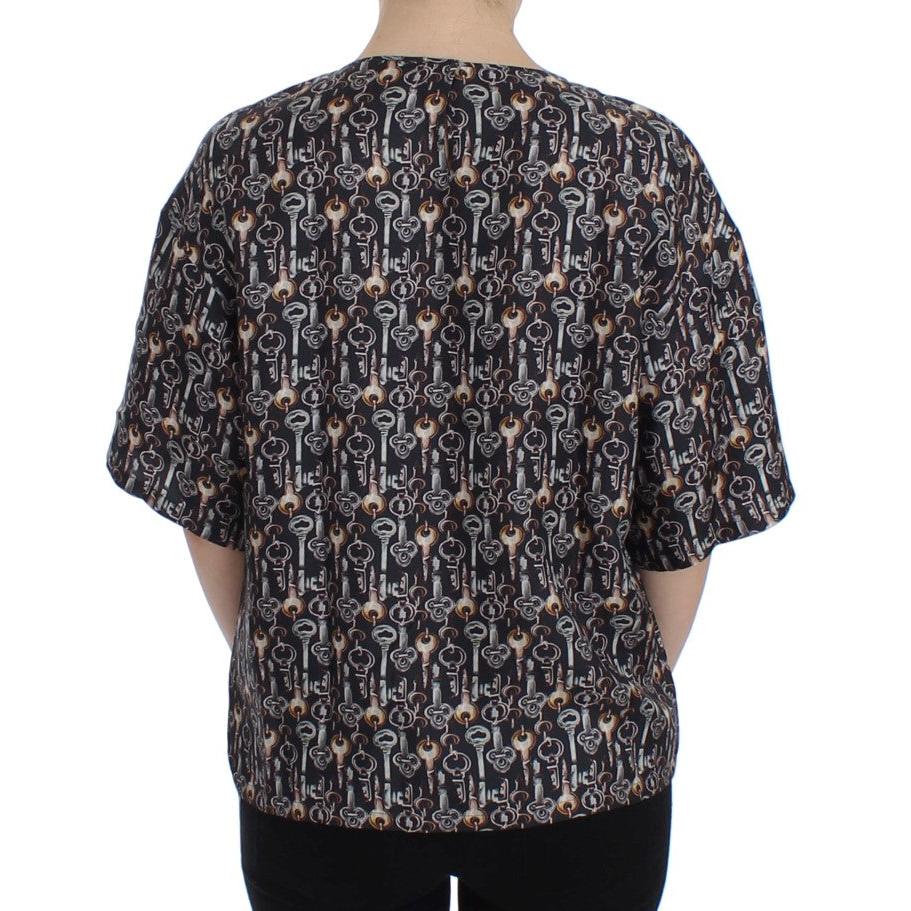 Dolce & Gabbana Gray Gold Key Print Silk Blouse T-shirt