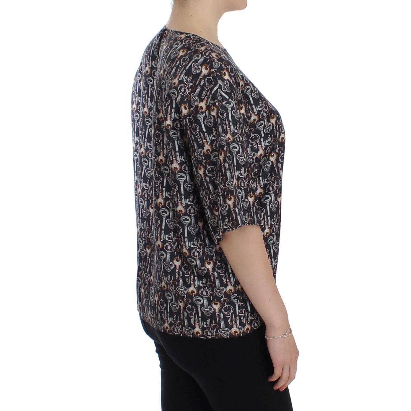 Dolce & Gabbana Gray Gold Key Print Silk Blouse T-shirt