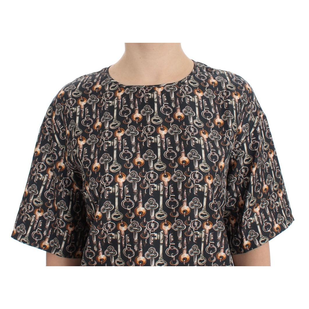 Dolce & Gabbana Gray Gold Key Print Silk Blouse T-shirt