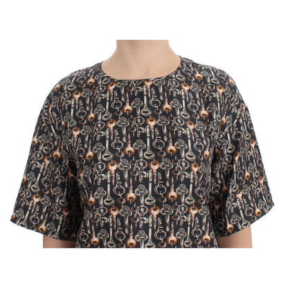 Dolce & Gabbana Gray Gold Key Print Silk Blouse T-shirt
