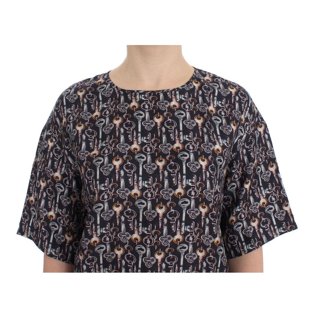 Dolce & Gabbana Gray Gold Key Print Silk Blouse T-shirt
