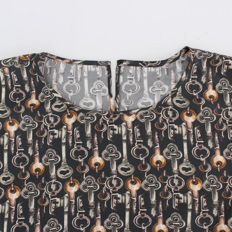 Dolce & Gabbana Gray Gold Key Print Silk Blouse T-shirt