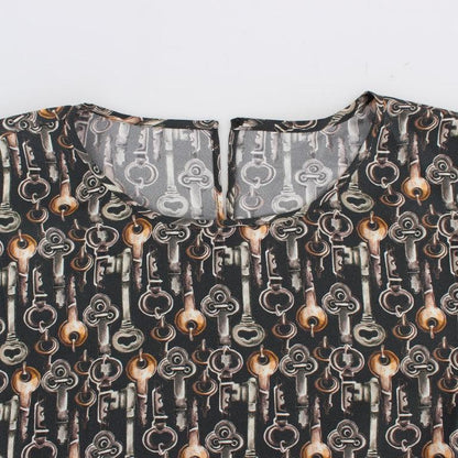 Dolce & Gabbana Gray Gold Key Print Silk Blouse T-shirt