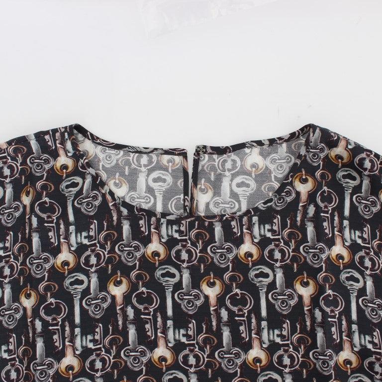 Dolce & Gabbana Gray Gold Key Print Silk Blouse T-shirt