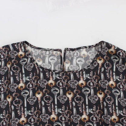 Dolce & Gabbana Gray Gold Key Print Silk Blouse T-shirt