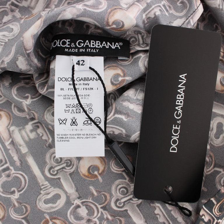 Dolce & Gabbana Gray Gold Key Print Silk Blouse T-shirt