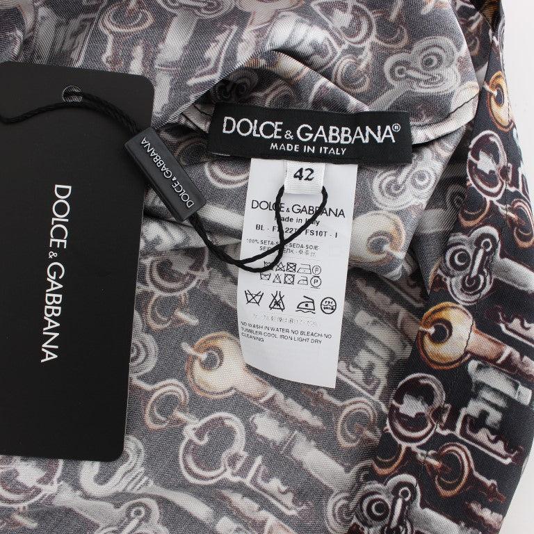 Dolce & Gabbana Gray Gold Key Print Silk Blouse T-shirt