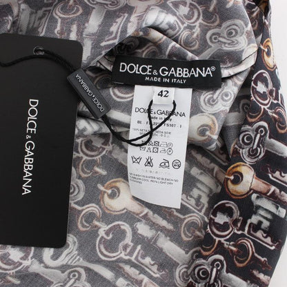 Dolce & Gabbana Gray Gold Key Print Silk Blouse T-shirt