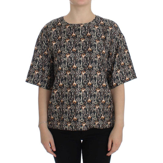 Dolce & Gabbana Gray Gold Key Print Silk Blouse T-shirt