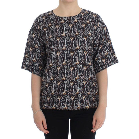 Dolce & Gabbana Gray Gold Key Print Silk Blouse T-shirt