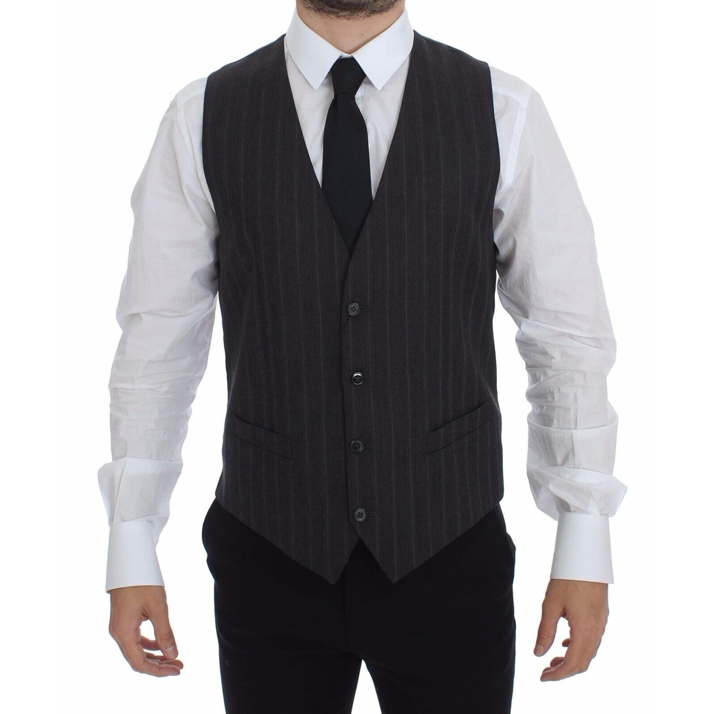 Dolce & Gabbana Gray Striped Wool Logo Vest Gilet Weste