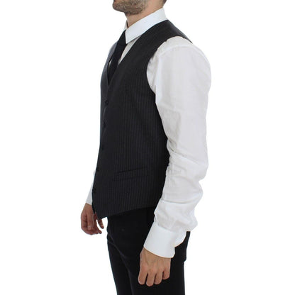 Dolce & Gabbana Gray Striped Wool Single Breasted Vest
