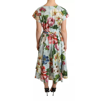 Dolce & Gabbana Green Floral Short Sleeves Cotton V-neck Dress
