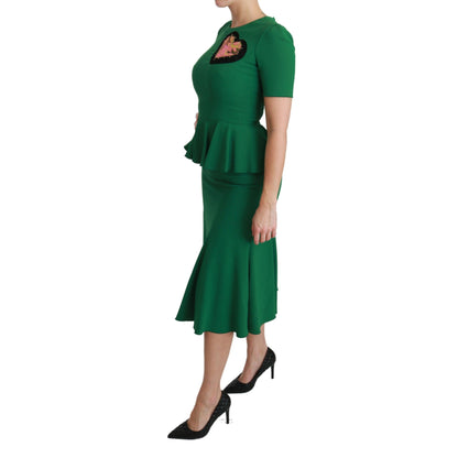 Dolce & Gabbana Green Heart Patch Mermaid Midi Viscose Dress
